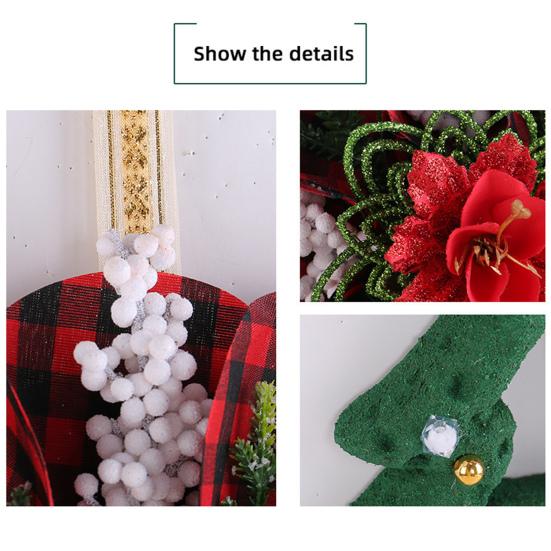 Christmas Wreath Decoration Red Artificial Poinsettias Buffalo Plaid Wreath With Star/Tree Ornament