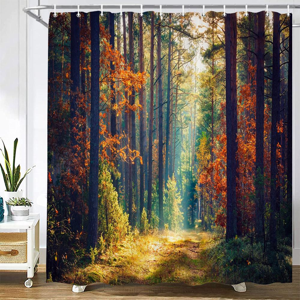 Modern 3D Printing Forest Shower Curtain Green Plant Tree Landscape Bath Curtain With Hooks For Bathroom Waterproof Scenery