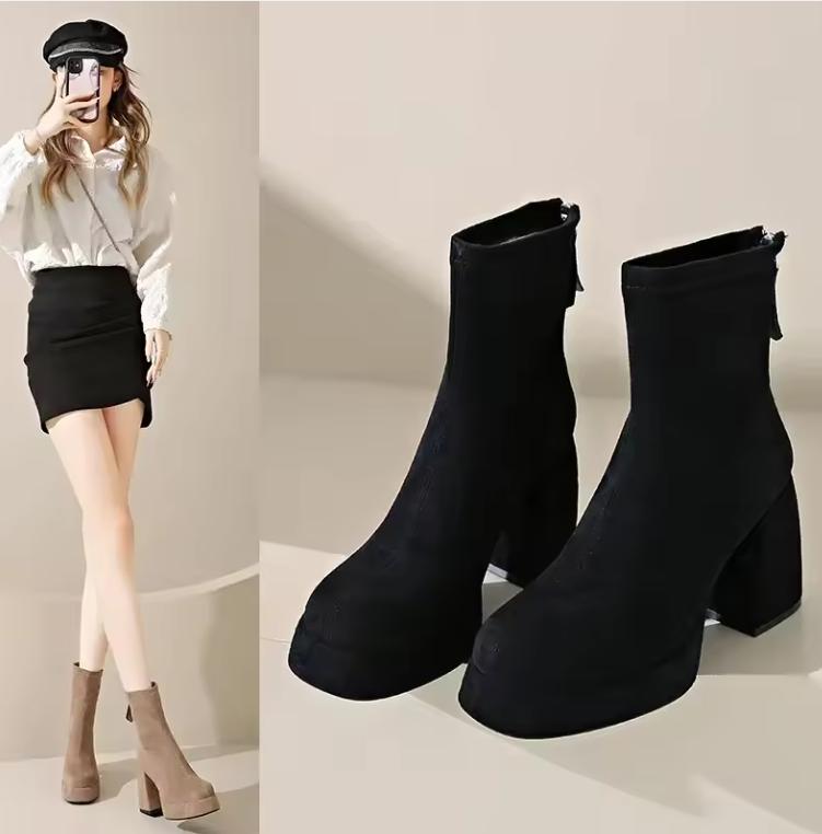 2026 Women's Fashion High-heeled Boots Winter New British Style Soft Sole Anti-slippery Versatile Keep Warm Leather Shoes
