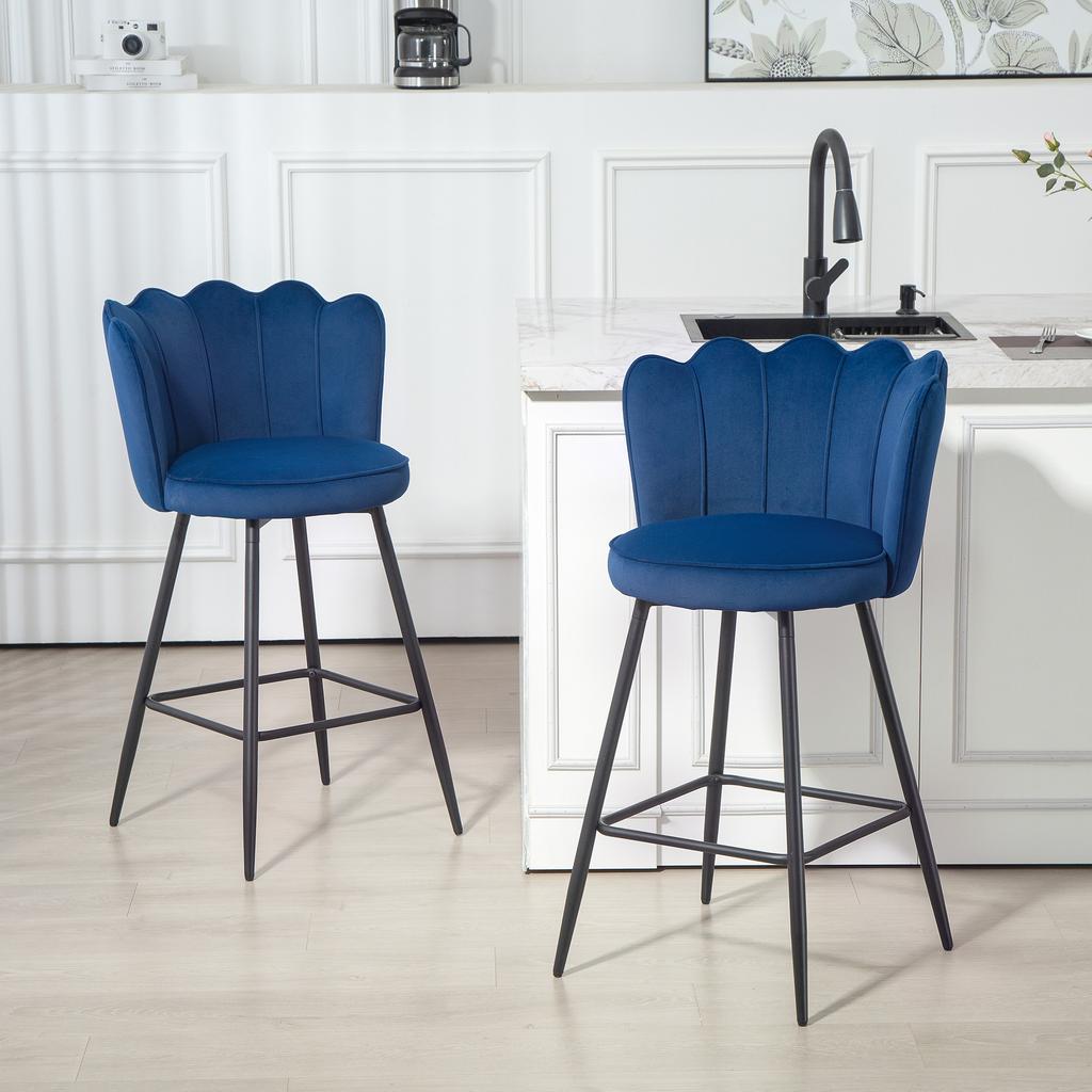 Set of Two Velvet-Feel Lotus Bar Stools - Dark Blue
