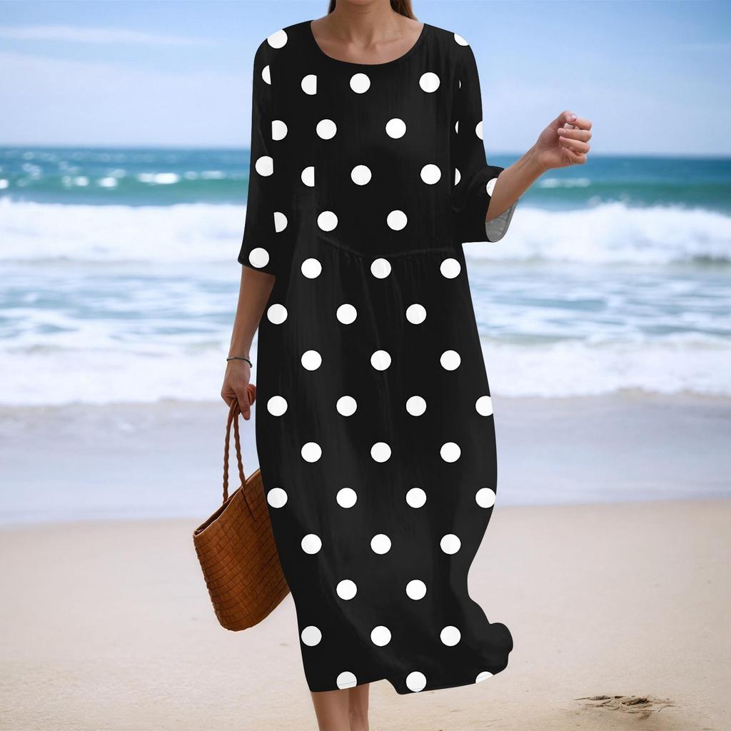 Женское модное платье свободного кроя с принтом, круглым вырезом и рукавом три четверти