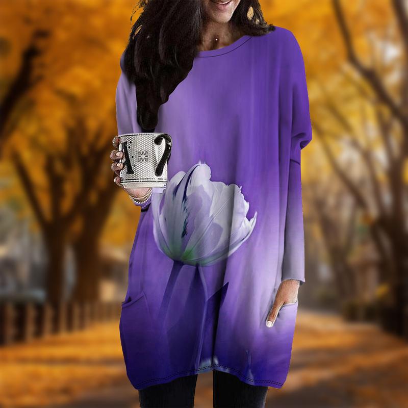 Новинка осени. Платье больших размеров с принтом свежей лилии. Женское повседневное платье с круглым вырезом и длинными рукавами. Платья с карманами.