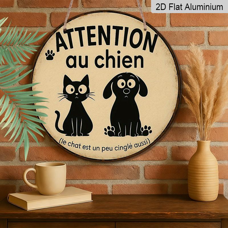 2D Flat, 1pc 7.87 Inch Round French Aluminum Sign, "Beware of Dog" Vintage Decorative Plaque, Pet Cat and Dog Reminder Decorative Art, Suitable for