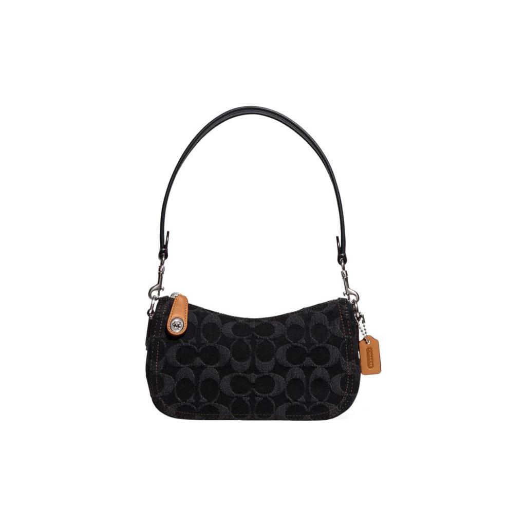 New COACH Swinger Jacquard Fabric With Cow Leather Patchwork Handbag Shoulder Bag Women's Black CF113-LHDRJ