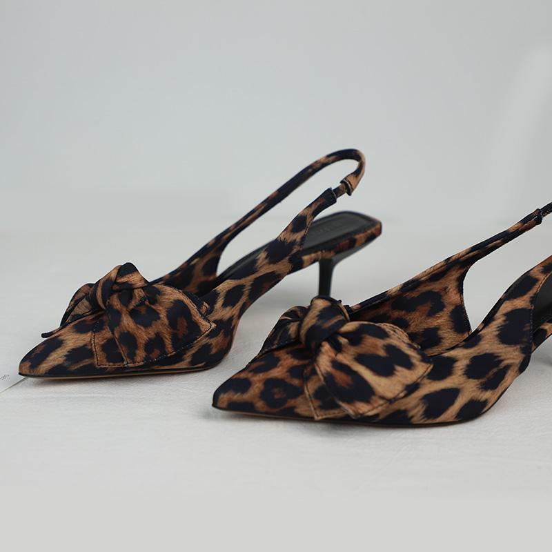 Мода Лето Сексуальный Леопардовый Принт Женские Босоножки на Высоком Каблуке Дизайнерские Элегантные с Бантом Острый Носок Платье Вечеринка Шпилька Женская Обувь