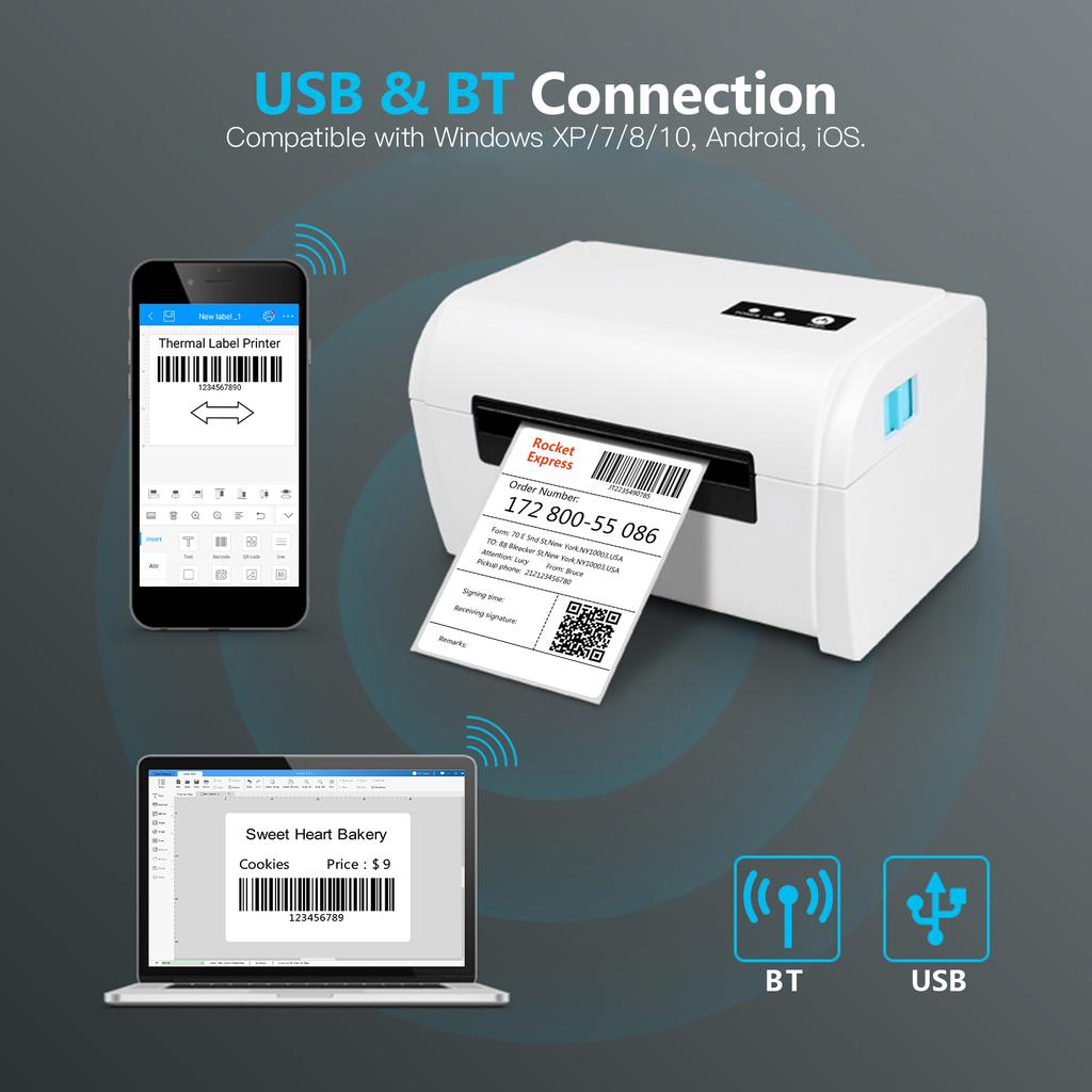 Термопринтер этикеток Высокоскоростной принтер этикеток для доставки USB BT Поддержка подключения 40-110 мм Бумага