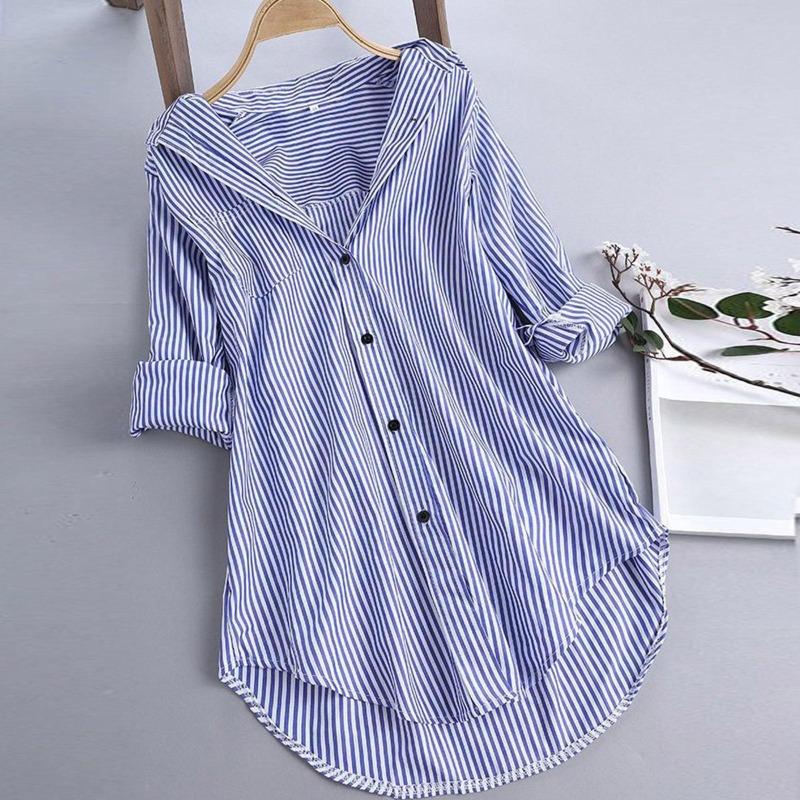 Женская летняя повседневная приталенная рубашка с длинным рукавом и полупуговицей в полоску с принтом