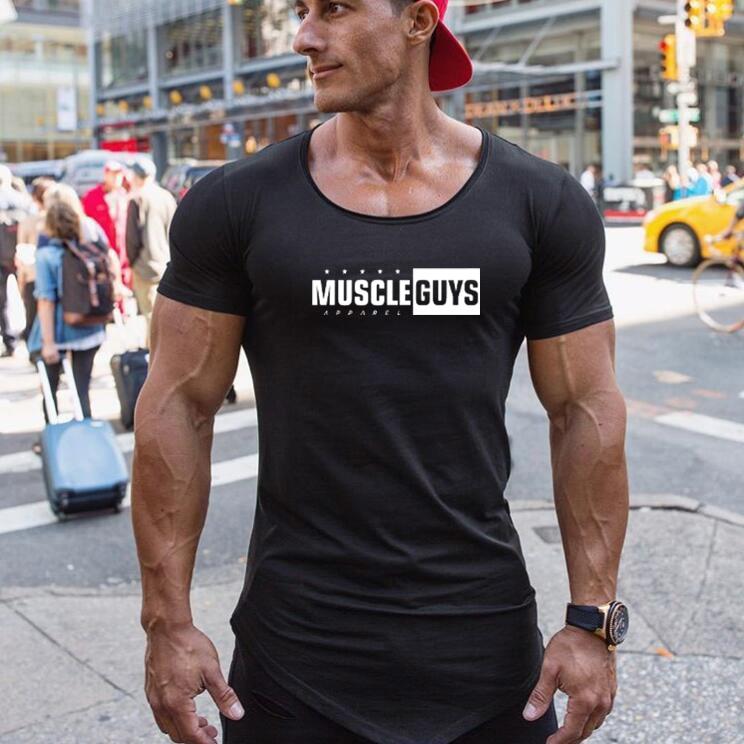 Muscleguys Летняя мужская дышащая футболка для тренировки мышц с короткими рукавами, спортивная футболка для фитнеса, легкая хлопковая майка для тренажерного зала, бодибилдинга, модные тонкие футболки