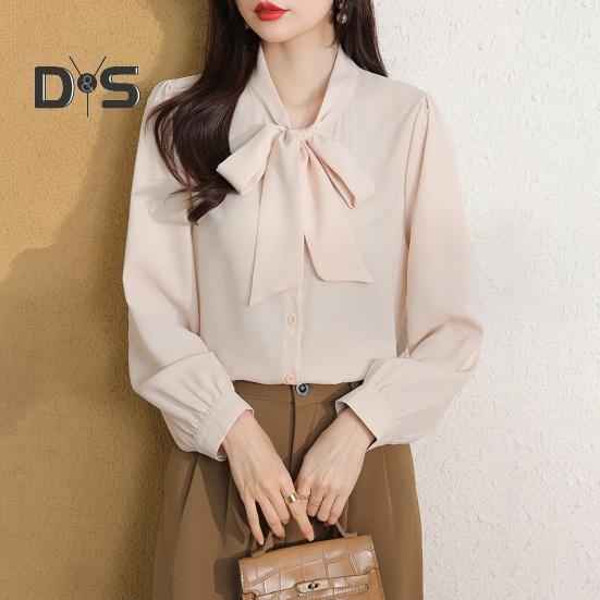 Женская рубашка со шнуровкой и бантом на воротнике, с длинным рукавом, повседневная рубашка, однотонная, свободная, шифоновая рубашка, топы, повседневная одежда