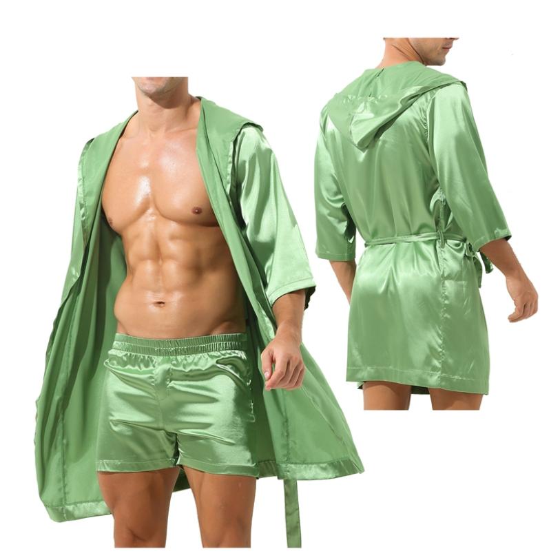Мужской шелковый атласный пижамный комплект с коротким рукавом, кимоно, кардиган и шорты, одежда для сна, домашняя одежда