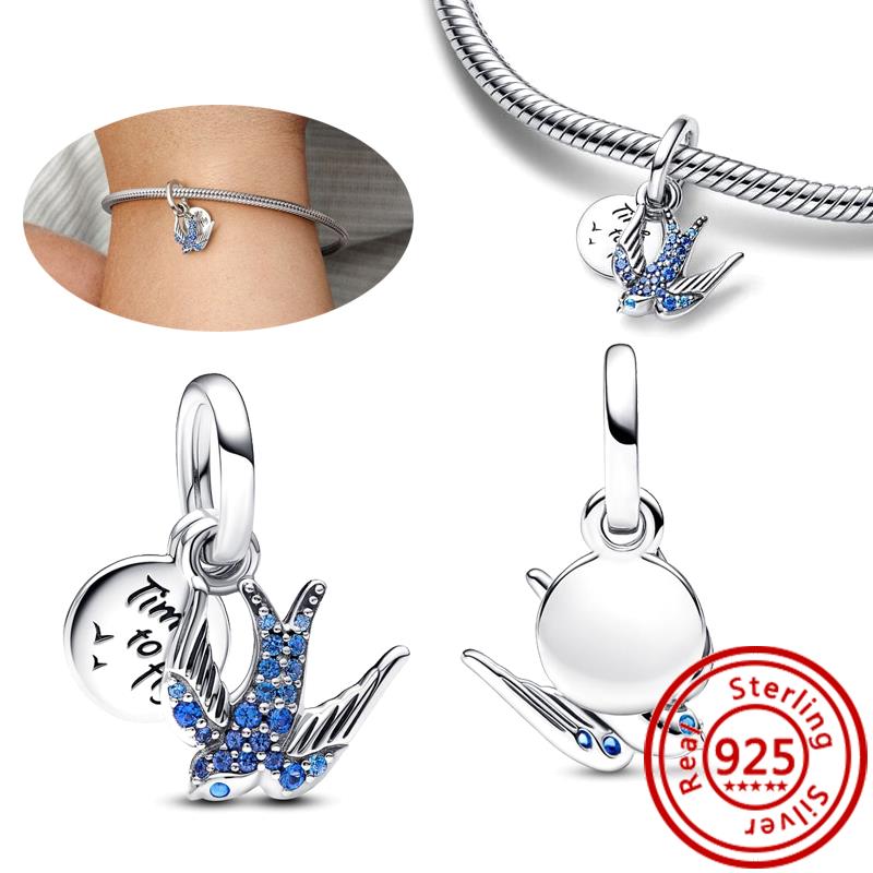 925 Стерлинговая медь Мультяшная птица Попугай Сова Ласточка Перья Милая подвеска Бусины для DIY Подходят для оригинального браслета-шарма Pantaro Циркон