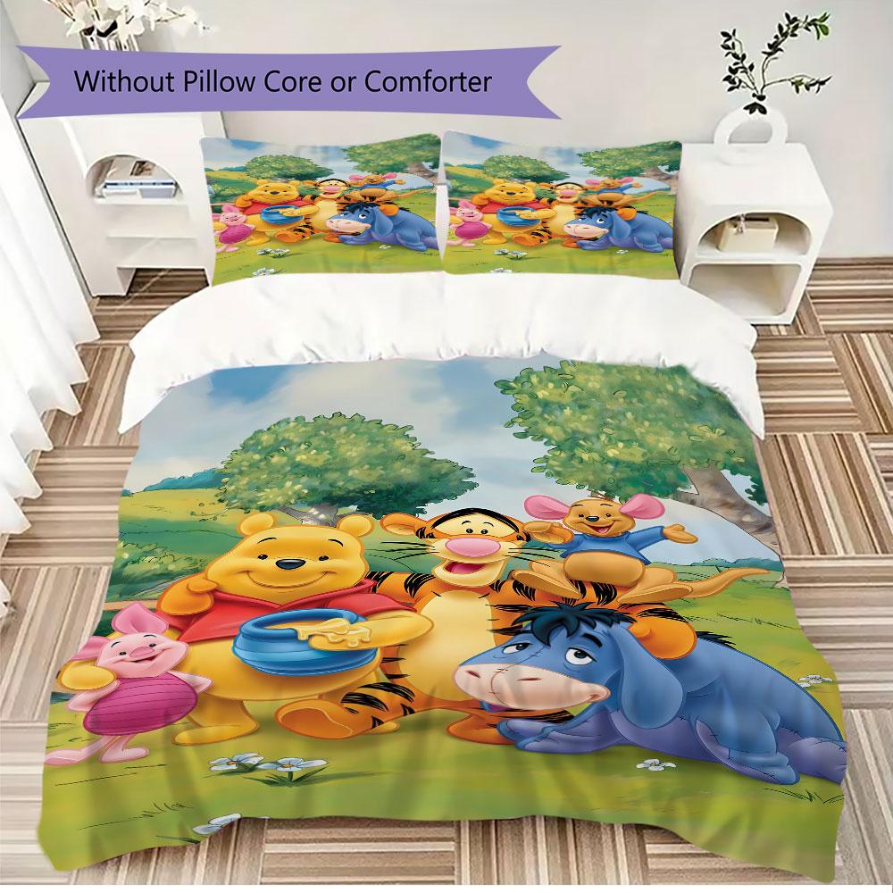 3pcs cute Winnie the Pooh and his friends patterned unbleached bed sheet set, available in various sizes, for bedroom bedding.