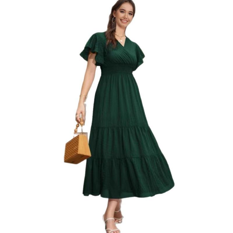 Women's Fashion Dark Print Embossed Cross Collar Ruffled Sleeves Range Waist Multi-layer Hem Dress