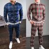 Autumn Casual Men's European and American Men's Sports Suit Plaid Zipper Shirt Jacket Trousers Two-piece Suit