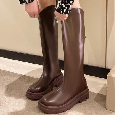 Модная обувь для женщин, женские сапоги на молнии, осенние, с круглым носком, однотонные, до колена, на среднем каблуке, водонепроницаемые, британский стиль, женские