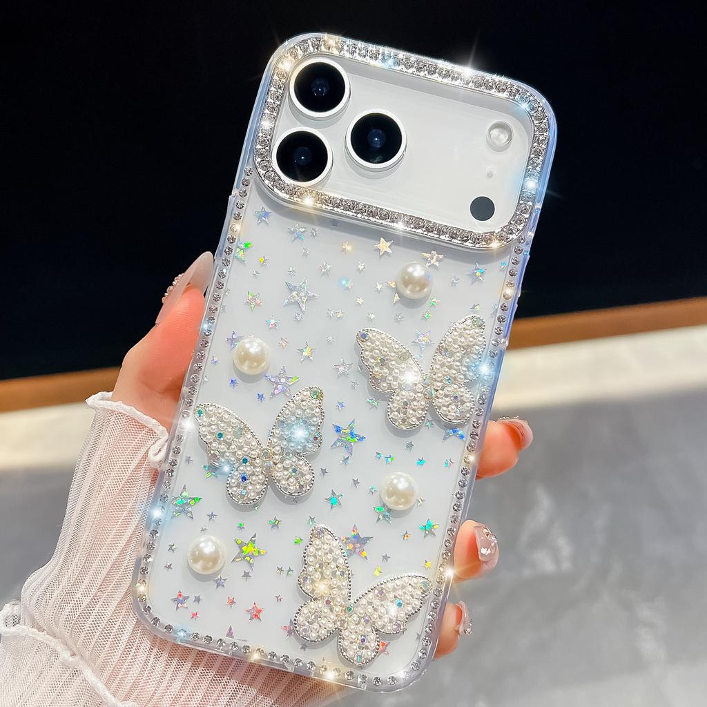 Чехол для телефона IPhone 17 Air 16E 17 16 15 14 13 Pro Max со стразами, жемчужной бабочкой и блестками, прозрачный