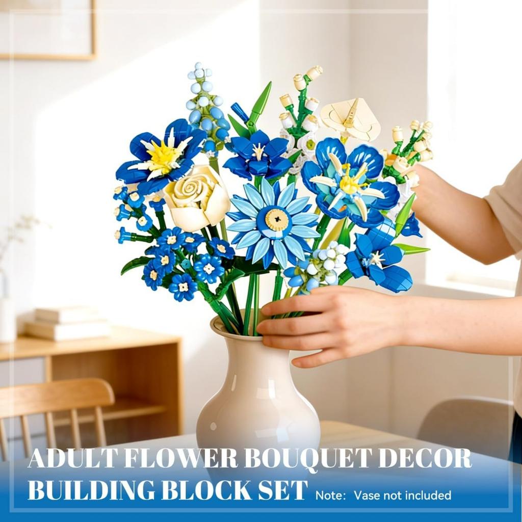 Blue Tulip Micro-Particle Flower Bouquet Building Set for Adults, 766 Pcs DIY Floral Kit for Home Office Decor, Perfect Mother's Day, Valentine's