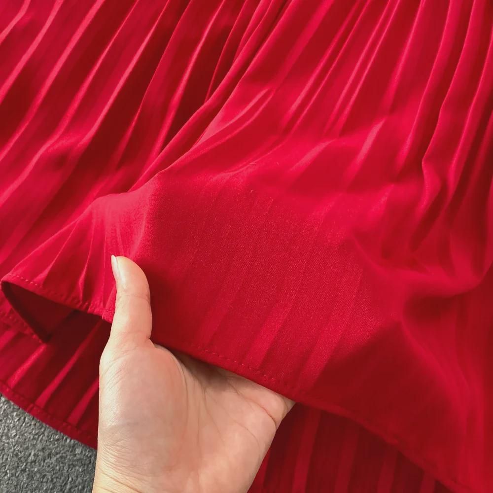 Летнее платье миди с V-образным вырезом и короткими рукавами 2022 года с заниженной талией и плиссировкой