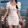 Temperament Light Mature Wind Bubble Sleeve Fold Drawstring Slimming Dress Woman