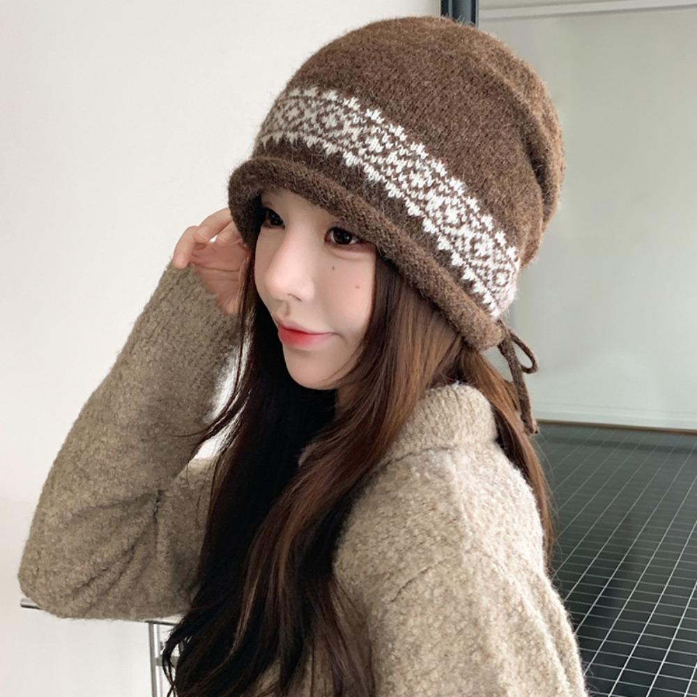 Vintage Women's Beanie Slouchy Fit Jacquard Knit Hat Durable Drawstring Knit Cap Daily Commute