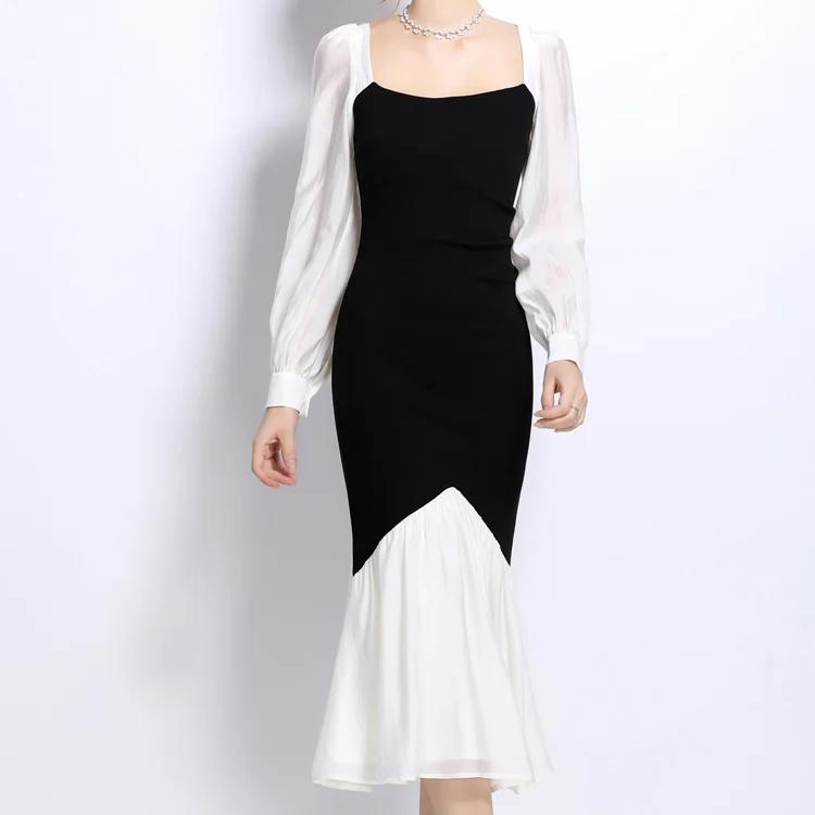 Платье-русалка французского осеннего черно-белого цвета, элегантное женское, с квадратным воротником, рукавами-фонариками, эластичное облегающее платье миди