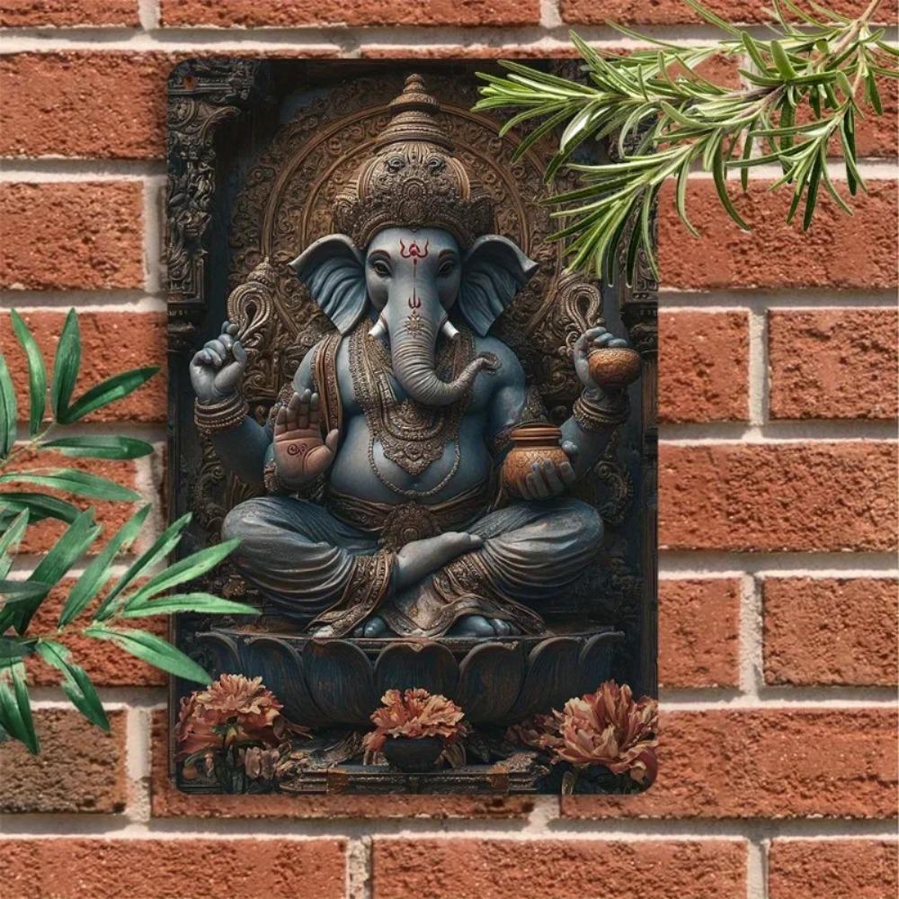 2D Ганеша Жестяная Вывеска 1 шт. 1 шт. Винтажная Металлическая Настенная Табличка с Ганешей - 8x12 Дюймов Жестяная Вывеска, Прочный Ретро Декор с Предварительно Просверленными Отверстиями