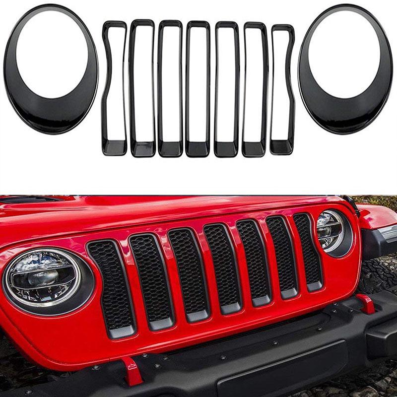 ABS глянцевая черная передняя сетчатая решетка + накладка на фару для Jeep Wrangler JL 2018, аксессуары