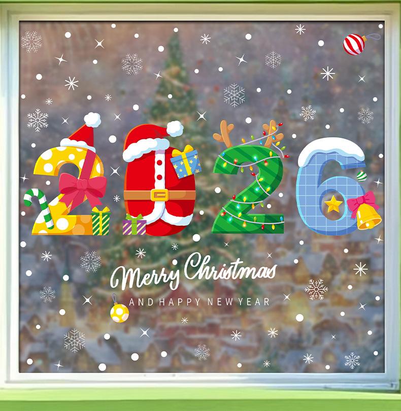 2026 New Christmas Decorations Happy New Year Snowman Pinecone Electrostatic Stickers Santa Claus Party Glass Stickers