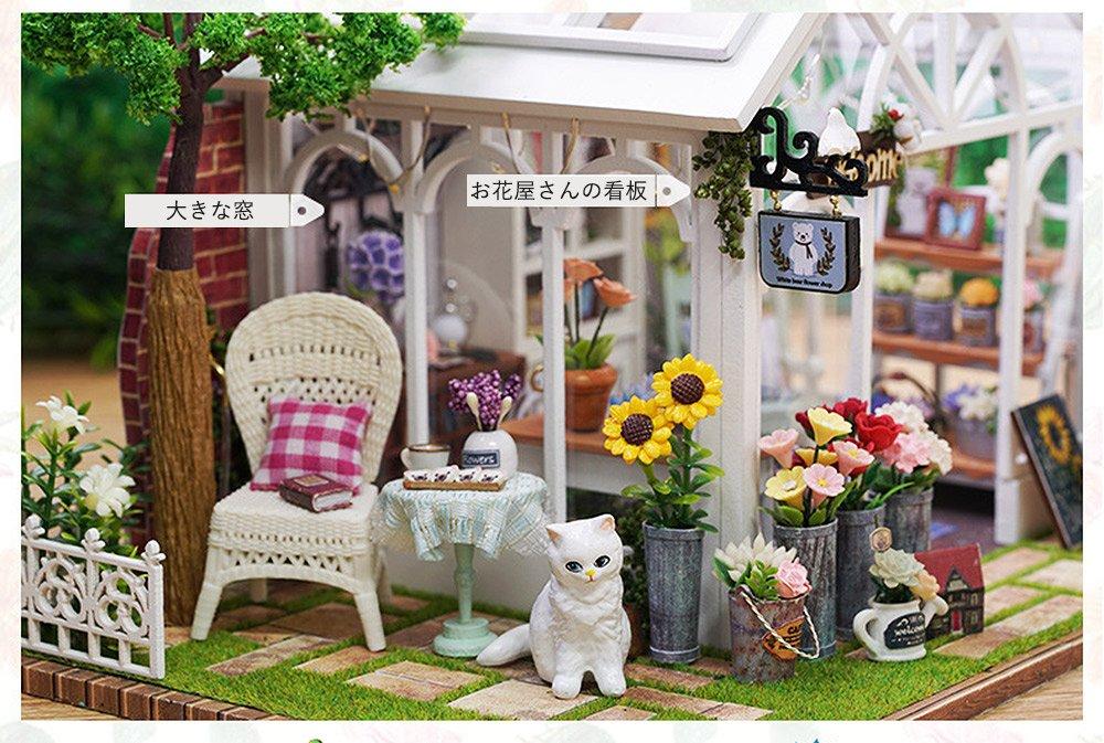 Миниатюрный кукольный домик, набор для ручной работы. Синяя лента, вывеска, кот приветствует. Цветочный магазин, наполненный светом из окна на крыше. Светодиодная подсветка. Музыкальный корпус из акрила.
