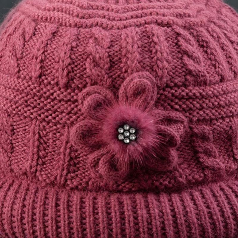 Вязаная шапка с цветочным узором для среднего и пожилого возраста, зимняя, из толстого бархата