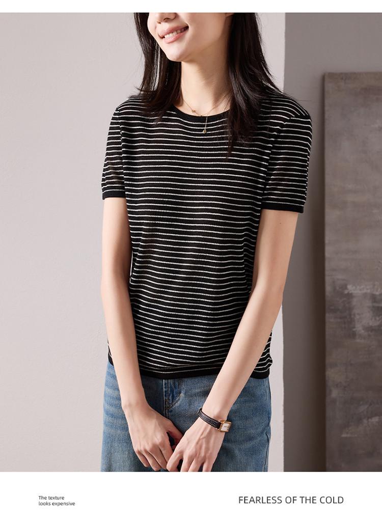 Round Neck Short-Sleeved Thin Striped Knitted Sweater for Women