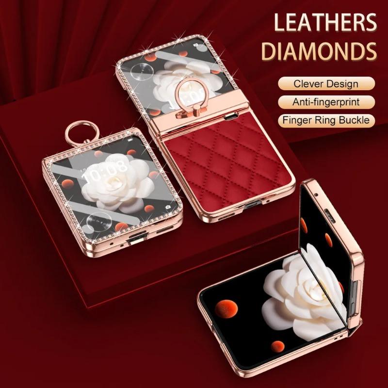 Чехол-держатель для кольца из гальванизированной кожи для Honor Magic V Flip, роскошная защитная крышка для линз с бриллиантами для Honor MagicV Flip LRA-AN00