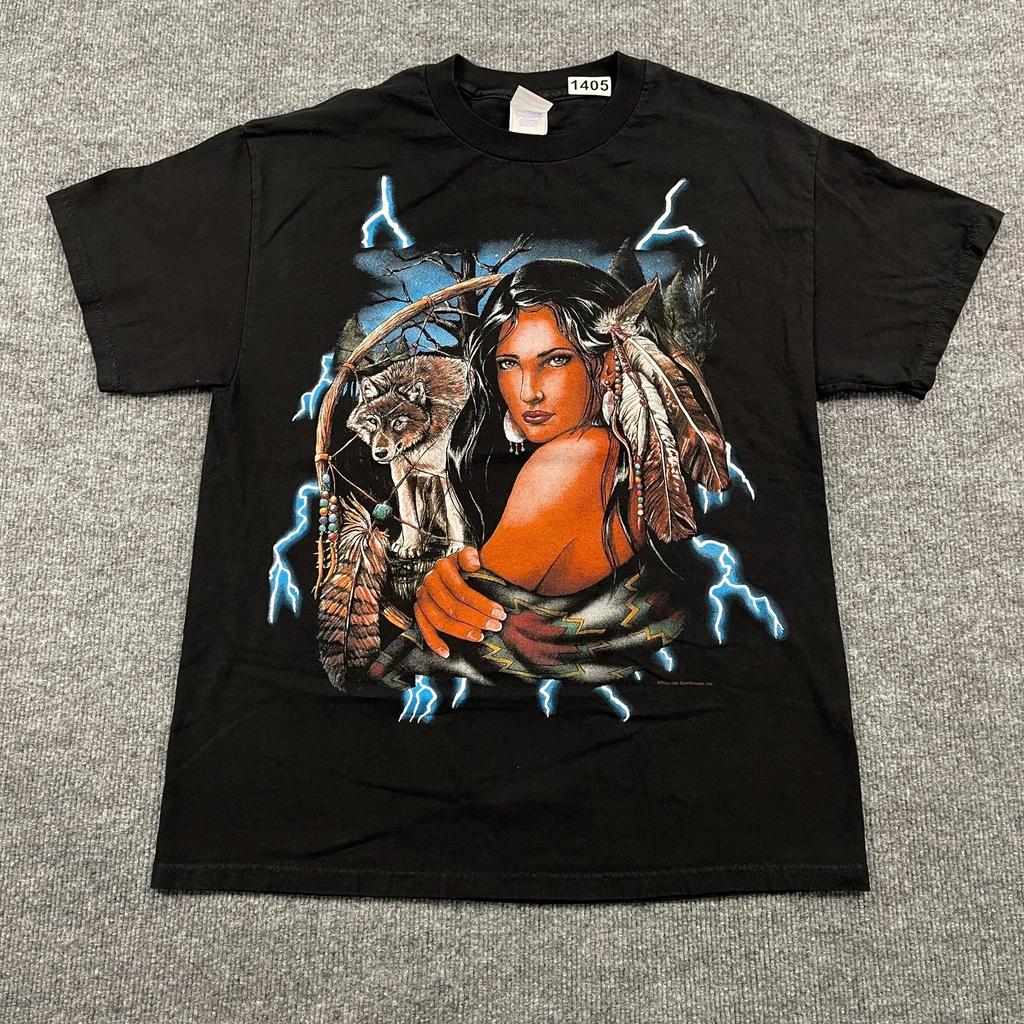 Vintage 90s Native-American Lighting Wolf Goddess Shirt Medium 20x28 USA Thunder