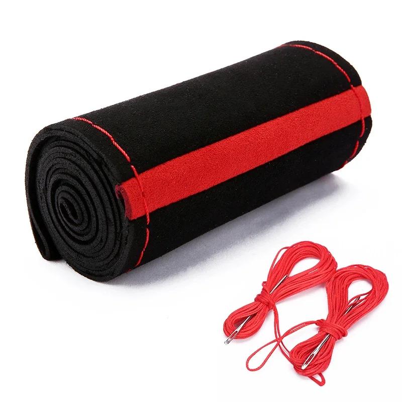 Черный замшевый чехол на руль с иголками и нитками, оплетка своими руками, чехол на руль автомобиля диаметром 38 см, автомобильные аксессуары