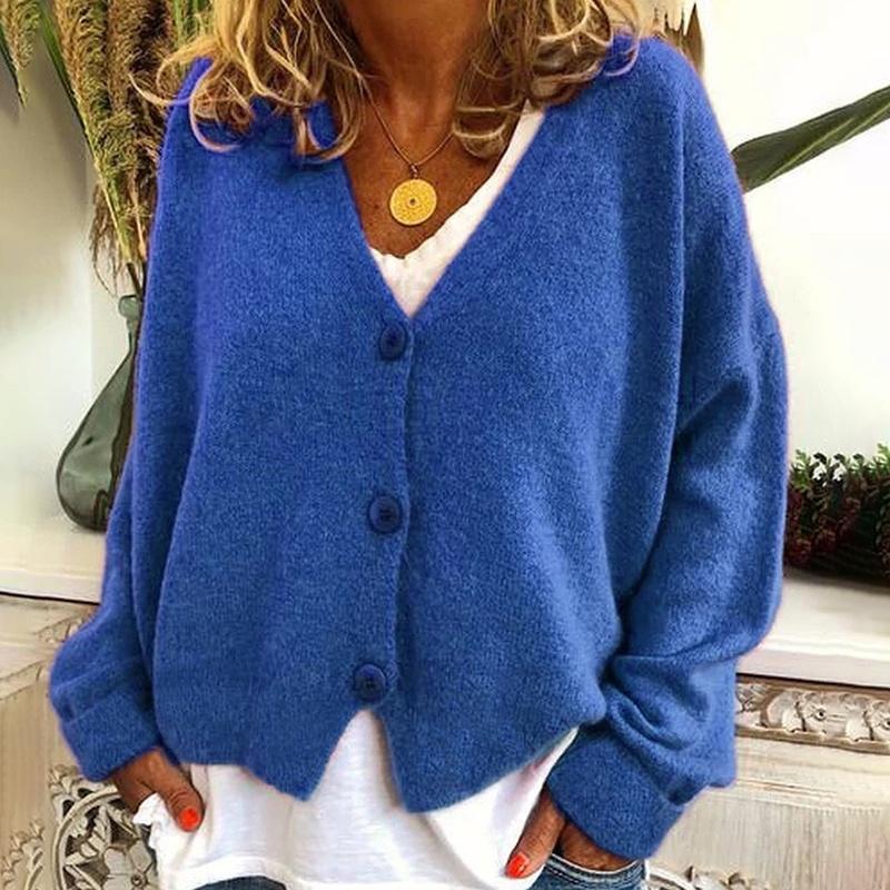 Knitted Womens Plain Coat Cardigan Ladies Button Loose Jumpers Sweater Size Plus