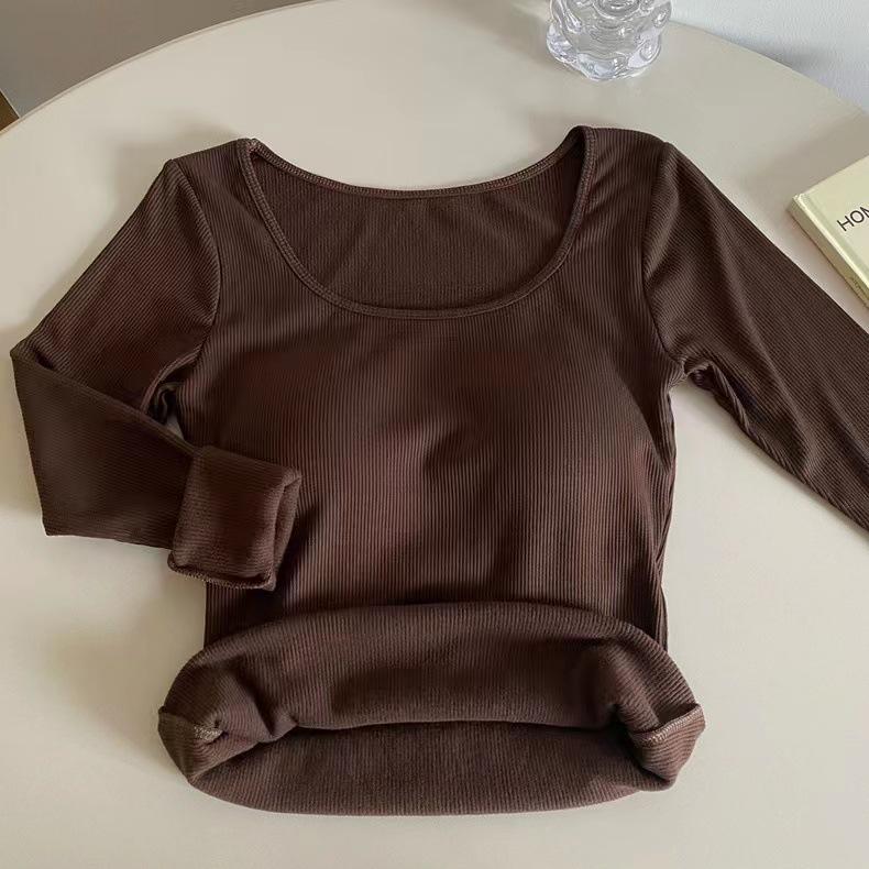 Футболка в корейском стиле облегающего кроя с квадратным вырезом из матового вельвета с нагрудными вкладышами для осени и зимы