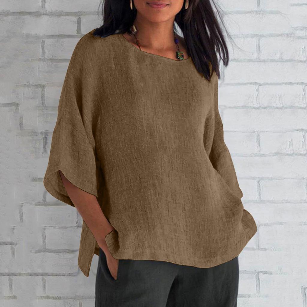 Women's Fashion Half Sleeve Round Neck Solid Colour Loose Casual Shirt Top