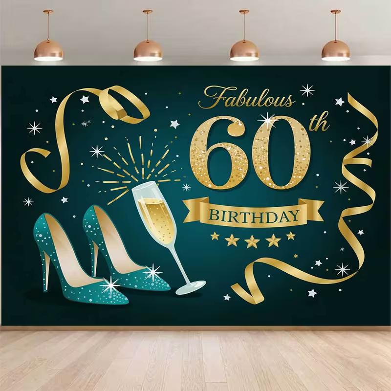 2D "Fabulous 60th Birthday" Backdrop Teal Gold High Heels & Champagne Photography Background Cloth