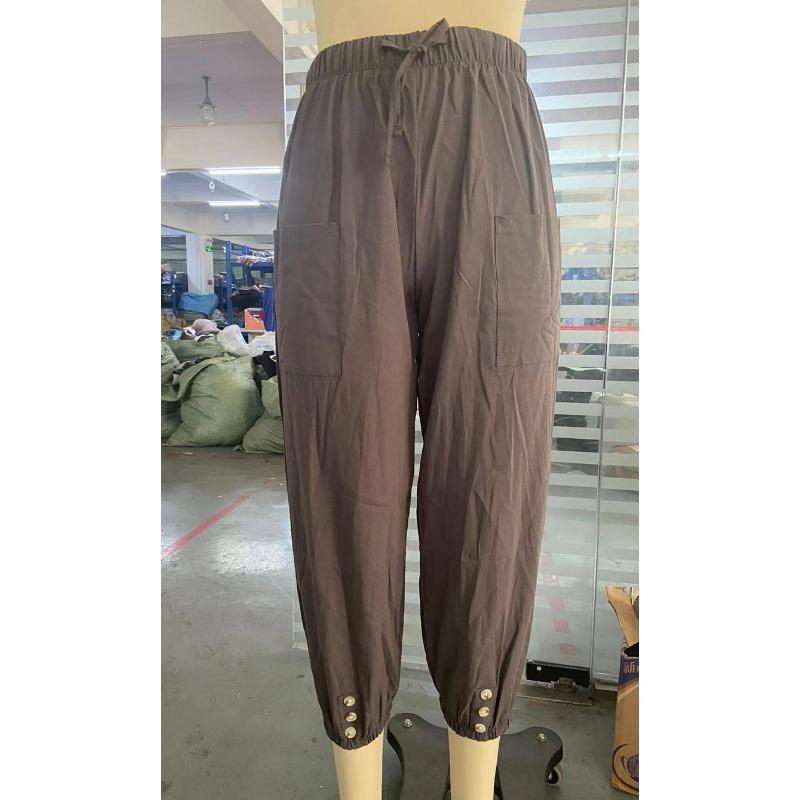 Women Elastic Waist Linen Blend Pants Drawstring Cropped Trousers With 10 Color Options