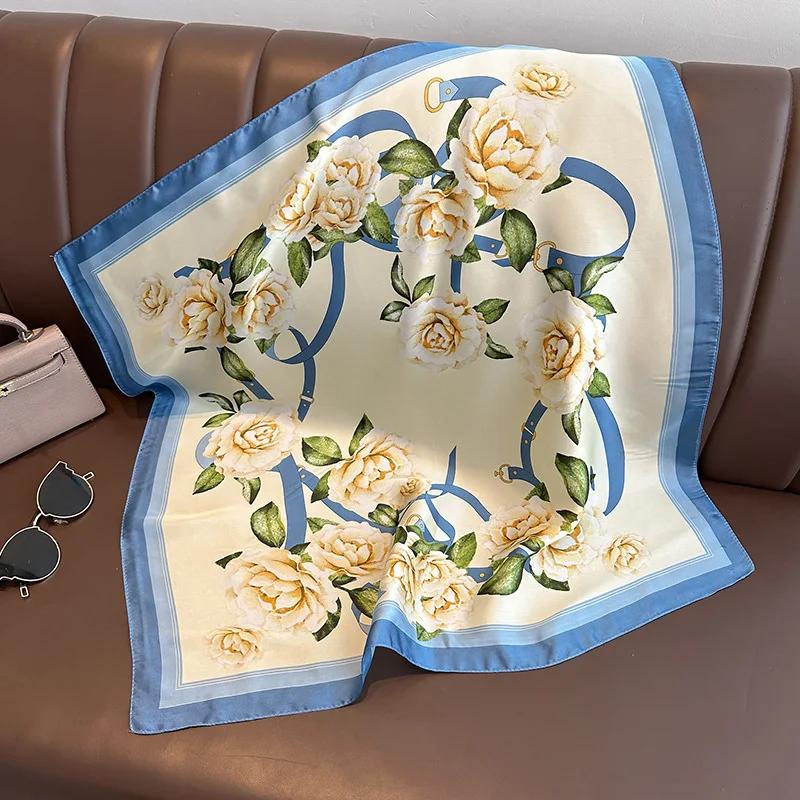 Silk Satin Neck Scarf For Women Fashion Bandana Head Small Hijab Scarves 70cm Square Kerchief Luxury Print Hair Scarf For Ladies