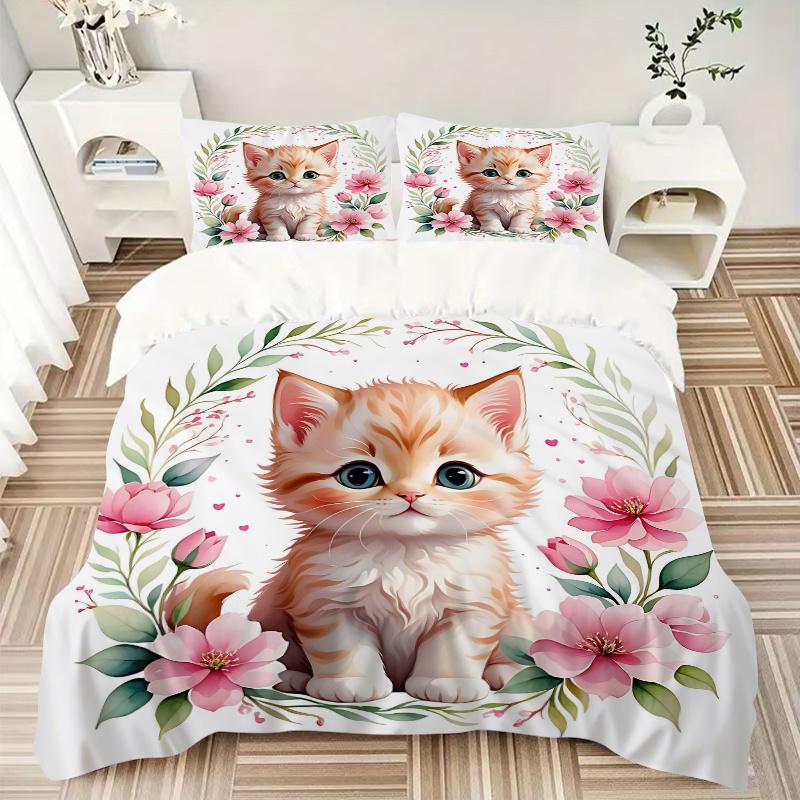 3pcs Cats & Flowers Pattern Bedding Three-Piece Set (1 Cover + 2 Pillowcases, No Fillings), This Printed Bedding Set Is Soft and Comfortable, Sui