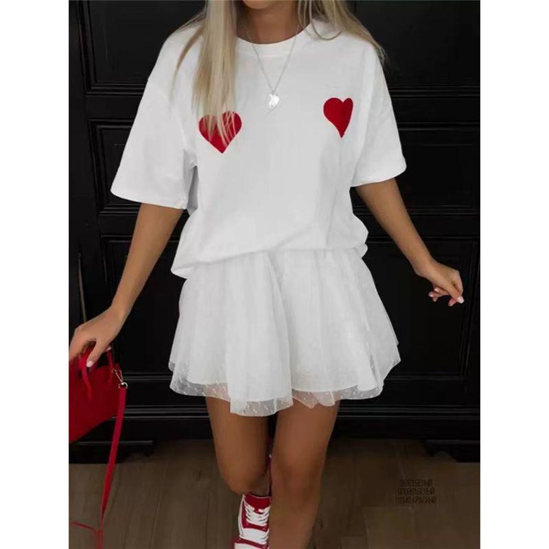Fashion Stylish Short Sleeve Heart Printing Cotton T-shirt Loose All-Matching Top Heart Printed T-shirt
