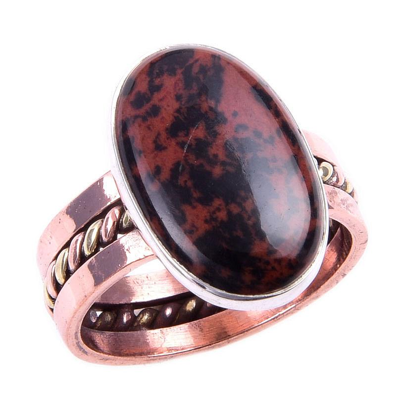 Натуральный Махагоновый Обсидиан Драгоценный Камень 925 Стерлинговое Серебро Двухцветное Кольцо Р.6.5 s0u78