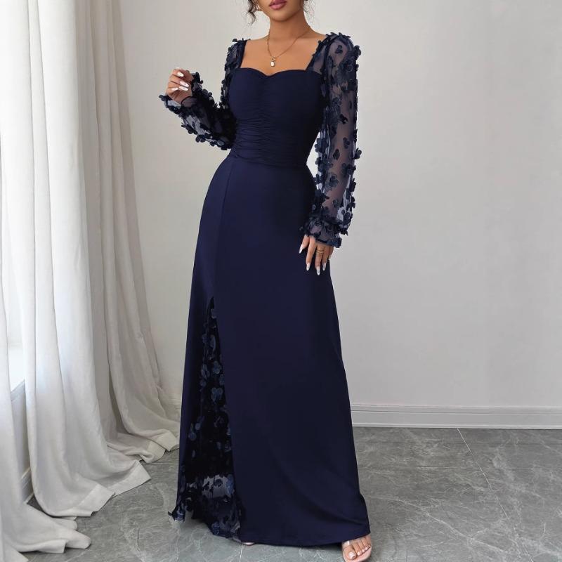 French Vintage Sheer Long Sleeve Women Square Neck Puff Sleeve Evening Dress
