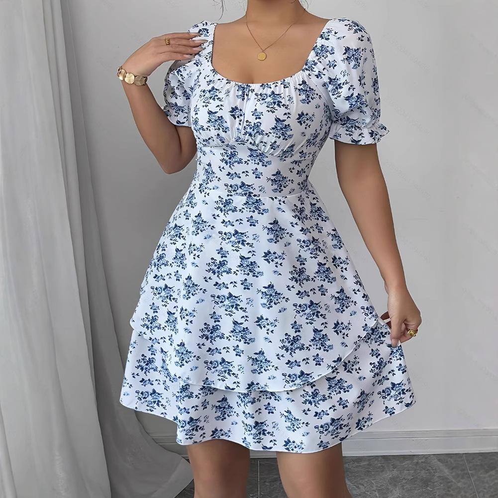 Синее цветочное платье женская одежда поставка sheintemu цветок рукав-буф кружево поставка