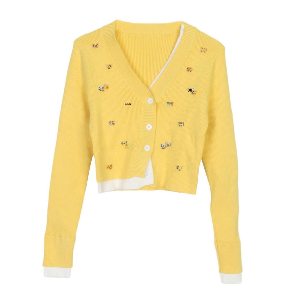 Женский французский ретро вязаный кардиган: V-образный вырез, Длинный рукав, Отделанный бисером, Имитация двойки, Короткий топ с цветными блоками