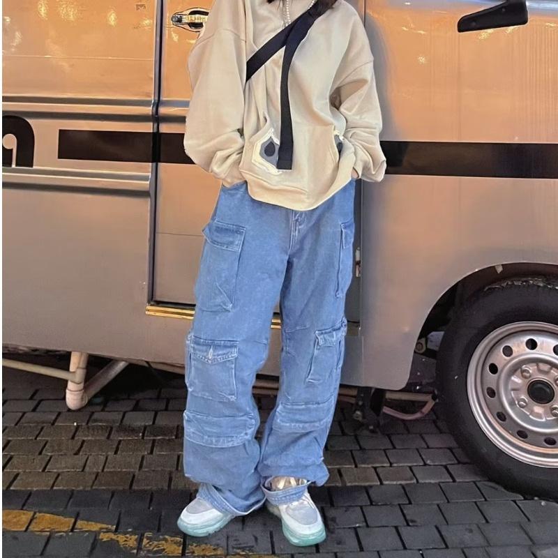 Женские джинсы Design Sense Niche Workwear, ретро-брюки с несколькими карманами, прямые свободные повседневные брюки
