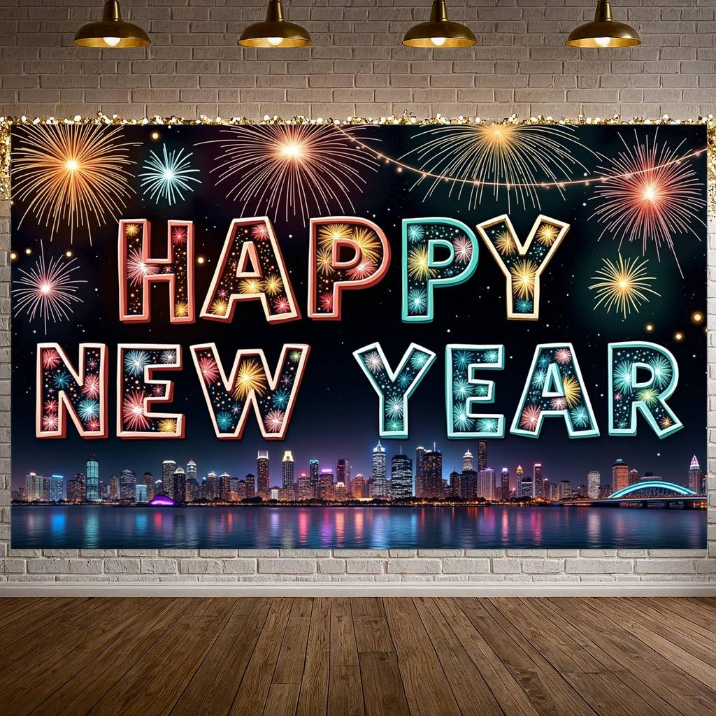 Eve Banner Polyester Material Happy New Year Banner Event Banner City Night Theme For Indoor Decoration Holiday Use Office Party