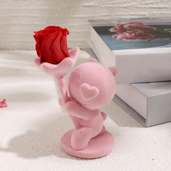 Valentines Day Bear Ornament with Preserved Rose Holding Eternal Flower Flocking Bear Decoration Wedding Anniversary Romantic Gift
