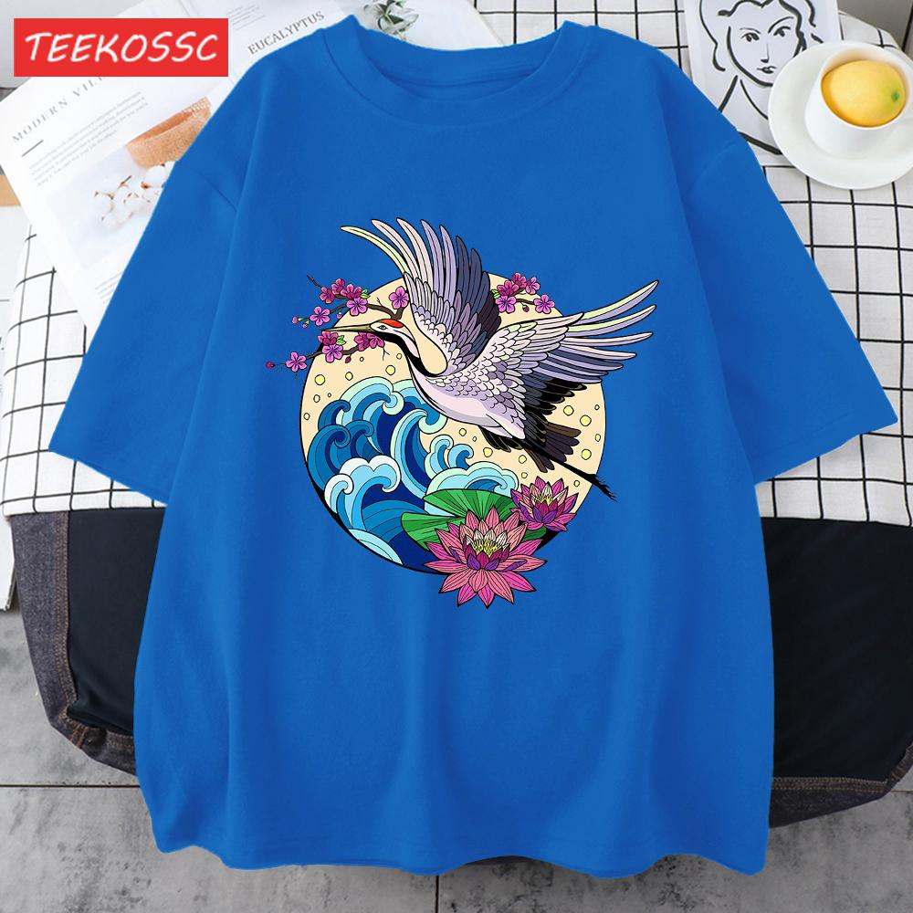 Cranes Enjoy Blooming Flowers Men T Shirts Vintage Fashion Soft Short Sleeve Summer Comfortable TShirt Unisex Cotton Loose Top